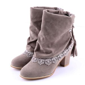 Bottines en cuir suédé à bout rond pour femme, chaussures Sexy en dentelle, talons hauts de 7cm, avec pompon, à la mode, hiver, offre spéciale