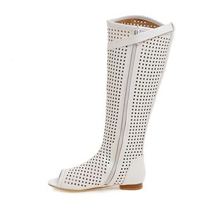 Venta caliente-Kcenid Plus tamaño 34-47 botas de verano sexy recorte rodilla botas altas zapatos de mujer peep toe hebilla tacón bajo zapatos de moda de dama blanca