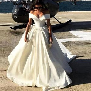vendita calda Robe Soiree Dubai Off the Shoulder abiti da sposa scollo a V Satin Ivory 2019 Abiti da sposa lunghi Abito formale Donna Elegante