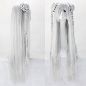 Peluca de pelo largo blanco gris con cabeza de bollo de plata de Cosplay de moda de venta caliente