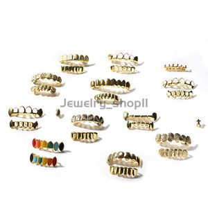 Bretelles brillantes galvanisées en or véritable, accessoires hip-hop, ensemble de dents Grillz en or pour hommes, bijoux Hip Hop de haute qualité, huit 8 dents supérieures, Six 6 grilles inférieures