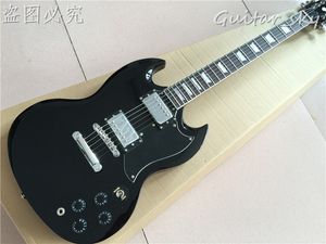 Venta caliente Guitarra eléctrica de alta calidad en color negro Angus Style Young Inlaids Disponible Guitarra eléctrica, con hardware de cromo