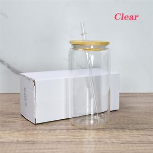 Tasses en verre à Sublimation de 16oz, 50 pièces/carton, bouteilles en forme de bocaux de jus de Soda, gobelets transparents givrés avec couvercle en bambou