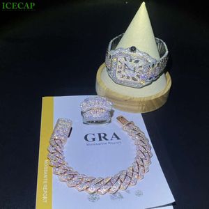 Ensemble de montres de luxe pour hommes, 41mm, Moissanite, 15mm, Bracelet cubain, anneau entièrement glacé, bijoux hip hop scintillants, offre spéciale