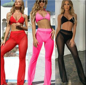 Pantalon Capris pour femmes, Sexy, en maille transparente, taille haute, élastique, jambes larges, Cover-Up pour Bikini, tendance, S-XL