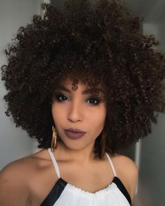 chaud court crépus bouclés perruques africaine Ameri simulation de cheveux brésiliens cheveux humains afro bouclés pleine perruque avec bang