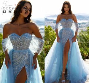 CHAUD! Superbes robes de soirée pailletées bleu ciel clair avec jupe en tulle détachable Sexy haute fente sirène épaule arabe Dubaï robes de soirée de luxe