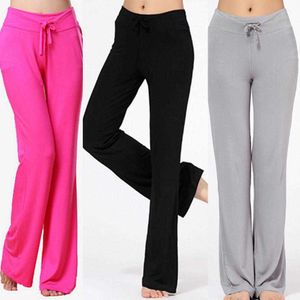 Pantalones largos de pierna ancha con cordón de cintura alta de Color sólido para mujer, pantalones de baile de Yoga para Yoga, correr, trotar, gimnasia