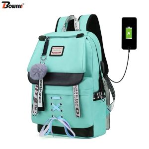 Hotsell Mochilas verdes grandes Mochila escolar para mujeres para adolescentes Mochila escolar USB Lona Mochila para estudiantes universitarios de secundaria LJ201