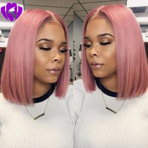 Hotselling parte media color rosa brasileño encaje frente bob pelucas con pelo de bebé fibra de alta temperatura peluca sintética corta para mujeres