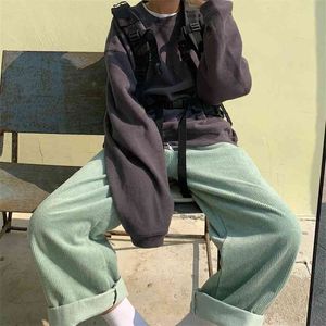 Houzhou Vintage Oversize Corduroy Baggy Pantalones Mujeres Harajuku Verde Beige Pierna Ancha Alta Cintura Pantalones Casuales Moda Coreana 210925