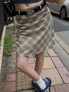 Houzhou vintage plaid midi jupe femme mode 90s esthétique haute taille jupe à tube en ligne A-line y2k streetwear coréen 240328