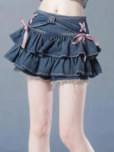 Houzhou y2k mini jupes denim femme sweet kawaii streetwear bow fille plissée sexy été vintage coréen mode 240424