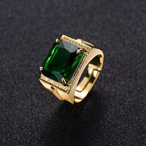 Hoyon esmerald Anillos para hombres Joyas Retro Style Square Ettnic Rings 14k Gold Color Open Green Diamond Diamond para regalos 240412