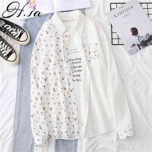 HSA Arrvial Women Blouse de primavera y camisas de manga larga rechazan el collar de collar Pacthwork White Yarn Blusa 210430