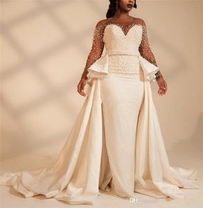 2020 Manches longues Taille Plus sirène Robes de Mariée avec perles perles Illusion Dessus de jupe africaine Robes de mariée sur mesure Robes