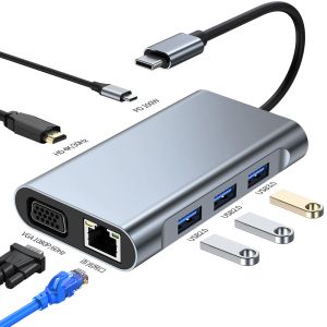 Hubs 11 8 7 6 5 4 IN1 USB Tipo Type C Station d'amarrage du hub Dual 4K HDTV VGA PD RJ45 Ethernet SD / TF Carte Reader ordinateur portable pour MacBook Mini