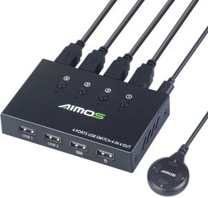 Hubs AIMOS USB KVM Switch 4 Port, 4 ordinateurs partageant 4 appareils USB Swapping OneButton, pour partager la souris, le clavier, l'imprimante, le scanner