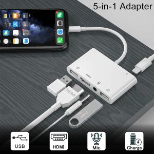 Hubs Lighing to HDMI Adapter Micrófono Audio Cable Aux Jack Dual USB Hub 4K AV TV OTG Carga para iPhone 13/11Pro/12/xs // x/8/iPad