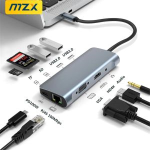 Hubs Mzx 9 dans 1 Station d'amarrage HDMICOMPATIBLE 4K VGA USB TYPE C HUB 3 0 2.0 3.0 Adaptateur Concentrateur Splitter Dock Extension