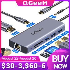 Hubs Qgeem USB C Hub pour MacBook Pro Air HDMI VGA Micro SD Carte Readers RJ45 AUX PD OTG Multi USB Hub Type C 3.0 Adaptateur pour ordinateur portable