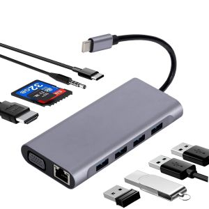 Hubs USB C Adaptateur Hub ordinateur portable 11 dans 1 connecteur RJ45 Connecteur VGA Port d'affichage du câble à HDMI 4K LAN Ethernet HDTV PD TF Carte SD AUX 3,5 mm