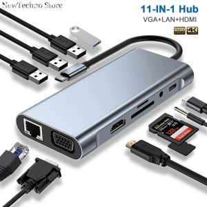 Hubs USB C Estación de acoplamiento Hub Tipo C a 4K HDMI Adaptador OTG con VGA Thunderbolt 3 PD RJ45 Ethernet SD/TF 3.5 mm para MacBook Pro/Air