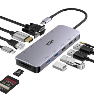 Hubs USB C Hub, Type C Hub, ICZI 11 in 1 Adaptateur avec Ethernet, 4K USB C à HDMI, VGA, 2 USB 3.0 2 USB 2.0, lecteur de carte SD / TF, micro / Audi