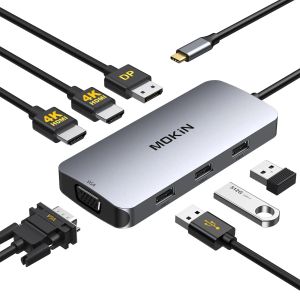 HUBS USB C TO DUAL HDMI Adaptador, 7 en 1 estación de acoplamiento de doble monitor USB C a HDMI dual, cubo USB C con 2HDMI, Puerto Displayport, VGA