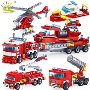 HUIQIBAO 348 pièces lutte contre l'incendie 4 en 1 camions voiture hélicoptère bateau blocs de construction ville pompier chiffres homme briques enfants jouets 220815