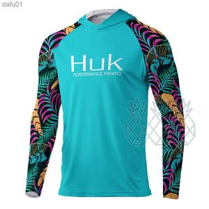 HUK Camiseta de pesca con capucha Camisa de pesca Hombres Manga larga Protección Uv 50 Camisas de pesca Ropa Ropa al aire libre Roupa De Pesca L230520