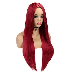 perruque bouclée humaine mode femme mécanisée cheveux mécanisés cheveux à haute température en soie multi-couleurs divisé longs cheveux raide vin rouge perruque rouge