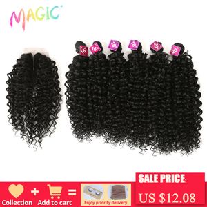 Extensiones de cabello humano Magic Synthetic Afro Kinky Curly Hair Weave Hair 16-20 pulgadas 7 piezas / lote Paquetes con cierre Cordón africano para mujeres Extensiones de cabello 230925
