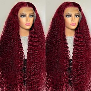Human Hair Capless Wigs 13x4 Deep Curly Lace Frontal Wig Transparent 99J Burgundy T Part Lace Front Wigs Red Colored HD Deep Wave Human Hair Wigs x0802