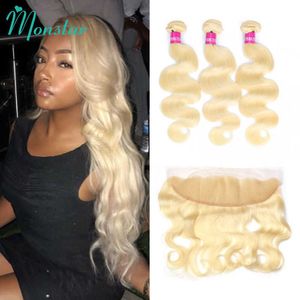 Pelucas sin tapa de cabello humano Monstar Remy Blonde Color Hair Body Wave 2 3 4 Bundles con 13x4 Ear to Ear Lace Frontal Closure Brazilian Human Blonde 613 Hair W220923