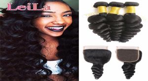 Trames de cheveux humains avec fermeture en dentelle vague lâche 3 faisceaux avec fermeture en dentelle Extensions de cheveux malaisiennes bon marché 100 cheveux non transformés We9313771