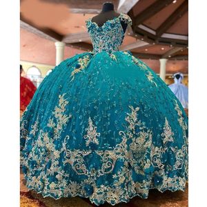 Hunter Green Sequenned Crystal Ball Robe Quinceanera Robes Gold Appliques 3D Fleurs Tassel Corset Sweet 15 Girls Party