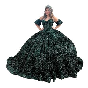 Vestido de quinceañera esmeralda 2023 Bow Velvet Sequin Sweetheart Quince Ball Gown Corset Sweet 16 Birthday Party Prom Vestidos De 15 Anos Charro Mexican Built-in Bones