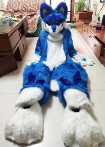 Husky Chien Renard Costume De Mascotte Animaux En Peluche Halloween Bleu Longue Fourrure Costume Fursuit