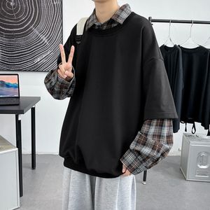 Hybskr Primavera Tamaño grande Hombres Sudaderas Falso Dos piezas Plaid Jerseys Moda Harajuku Hombre Sudaderas Diseñador Marca Ropa 220816