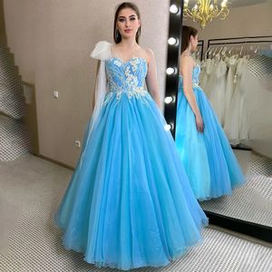 Azul hielo un hombro una línea vestidos De graduación Apliques De encaje tul largo vestido De fiesta Formal talla grande sin mangas bata De Novia 326 326