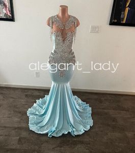 Robe de soirée en forme de trompette pour filles noires, tenue de soirée de luxe, bleu glacé, scintillante, avec pompon en diamant, de luxe, 2024