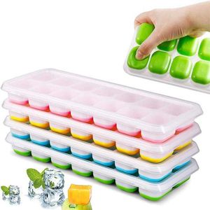 Ice Cream Tools 14 Grids Ice Cube Trays Reusable Silicone Ice cube Mold Fruit Ice Maker with Removable Lids Kitchen Tools Freezer Summer Mould Z0308