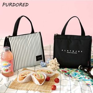 Packs de glace/sacs isothermes PURDORED 1 Pc Portable Stripe Lunch Bag pour Femmes Alimentaire Pique-Nique Glacière Isotherme Sac Fourre-Tout Conteneur Bento Sac Organisateur J230425