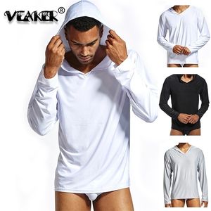 Ice Silk T-shirts Hommes T-shirt à manches longues Slim Fit Mens Fitness Quick Dry Stretch Tshirt Hooded TShirt Basic Tees Summer Tops 201116