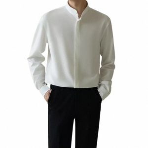 Chemise blanche en soie glacée pour hommes, col montant, nouvelle collection automne coréenne mature, drapé sans ir, Busin décontracté, manches Lg, chemises pour hommes V7AK #