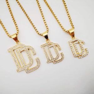Collier pendentif avec lettres DC en strass glacé, Bling Bling, collier hip hop rock DC pour hommes en or 14 carats