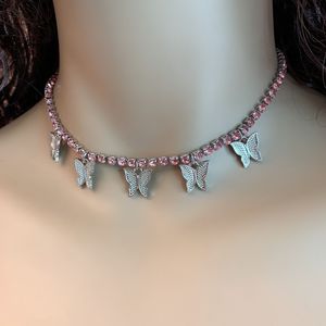 Iced Out Chains Collar de mariposa Mujeres de lujo Oro Plata Animal Collares pendientes SimpleWhite Pink Rhinestone Bling Gargantilla Joyas Regalos
