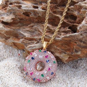 Iced Out colorido donuts colgante collar moda para hombre para mujer parejas hip hop oro rosa collares joyería301y