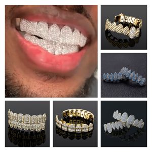 Iced Out Cubic Zircon Parrillas dentales Joyería para el cuerpo Oro real de 18 quilates Punk Hip Hop Jesús Boca Fang Grillz Brace Diamante completo Vampiro Diente Cap Cosplay Fiesta Rapero Regalos 7384